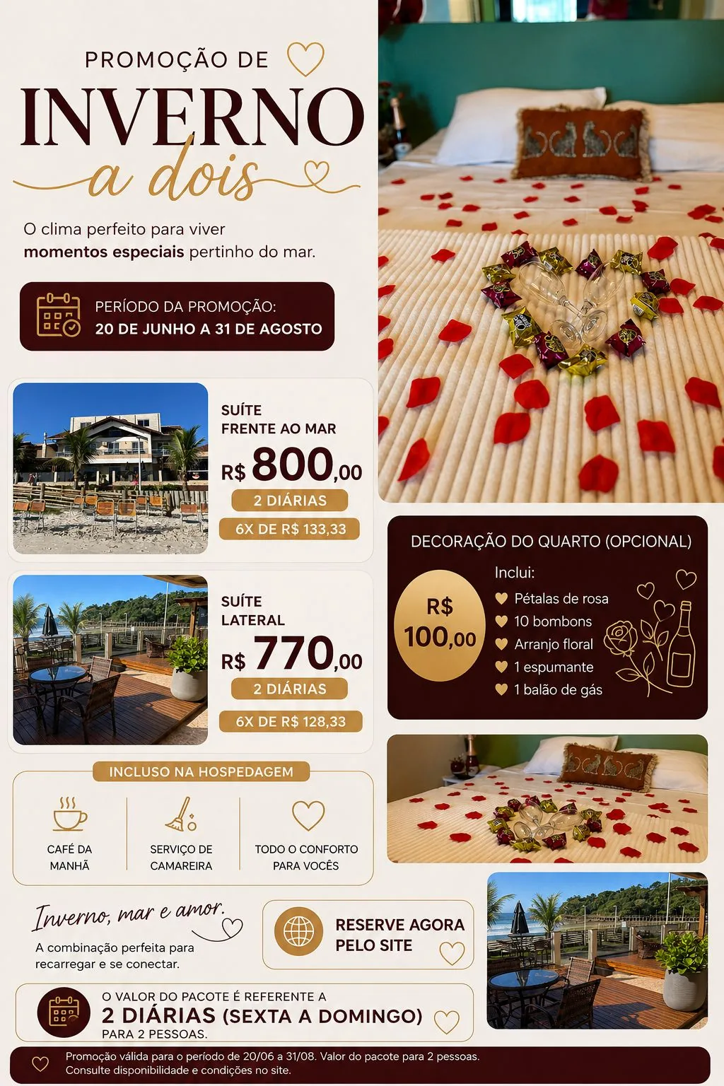 Promoção de Inverno a Dois na Pousada Vila del Mare: suíte frente ao mar a partir de R$ 770, decoração romântica opcional, café da manhã incluso.